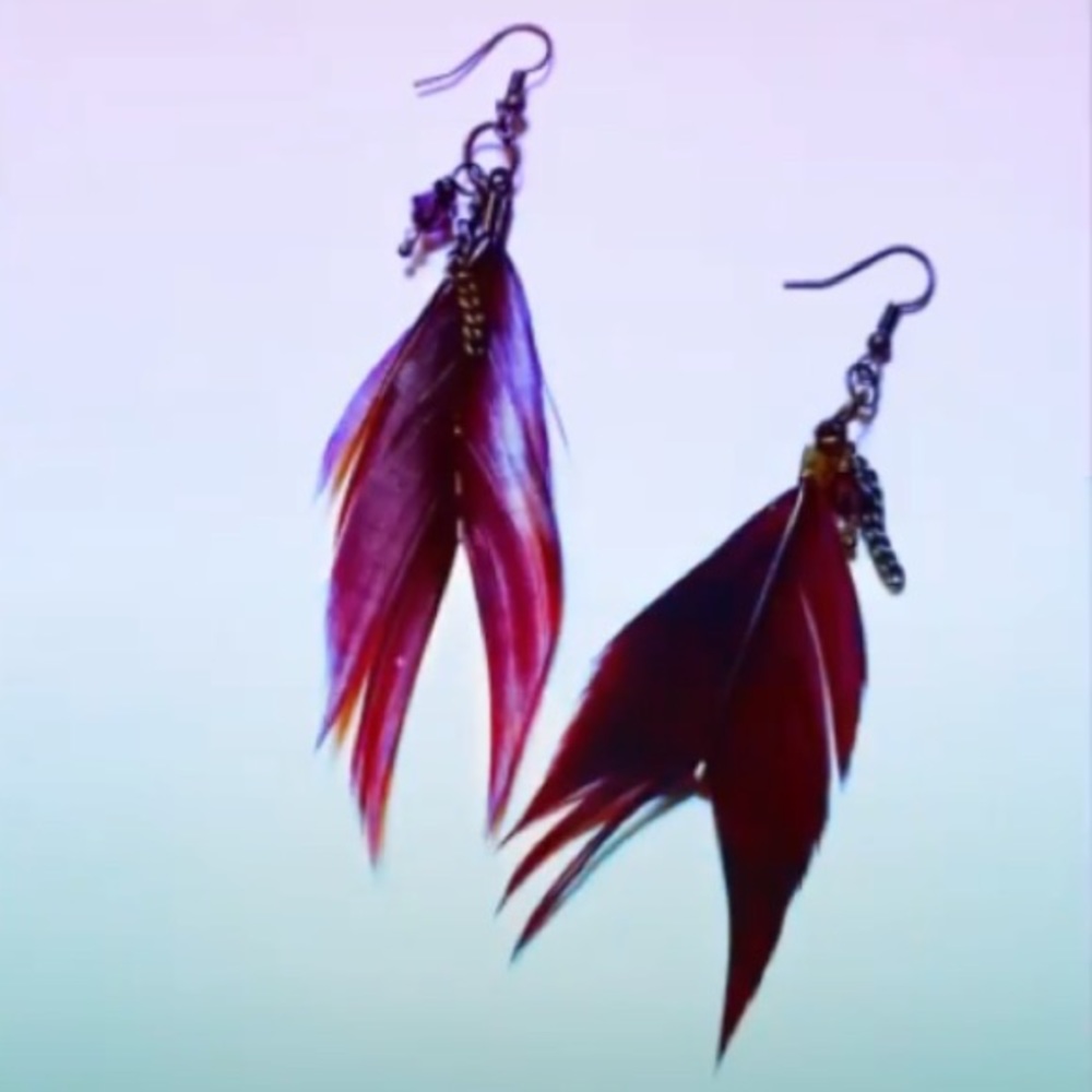 Poshmark Themed Burgundy Purple Feather Earrings McGlamorous Handmade Bohemian